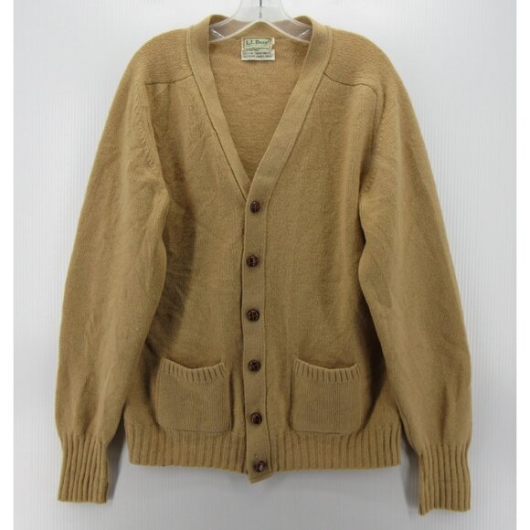 VINTAGE LL Bean Sweater Large 80s Lambswool Camel Leather Cardigan USA - Picture 1 of 14